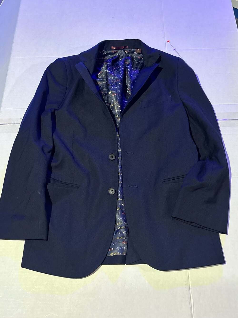 Johnston & Murphy Kids Blazer Size 12-14L Navy Car Print Lining Suit Jacket